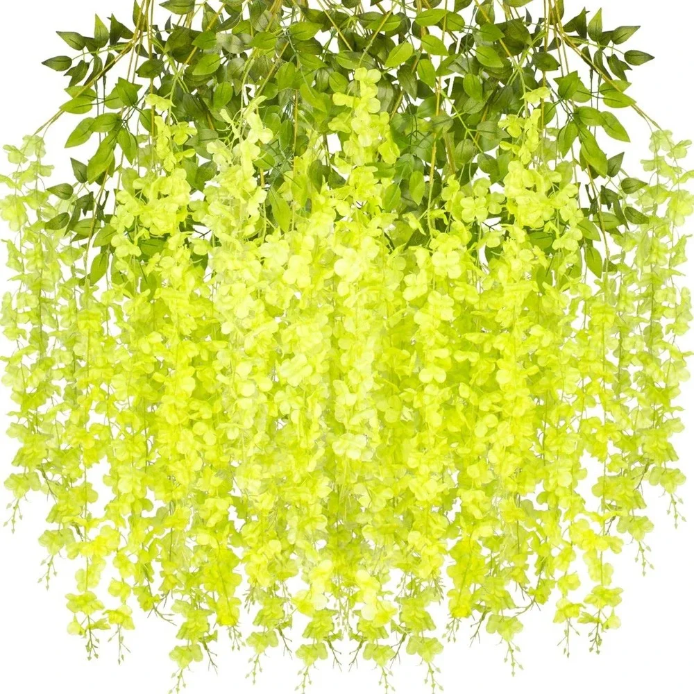 12 Pack Artificial Flowers Silk Wisteria Vine Ratta‎ Hanging Flower (Green)